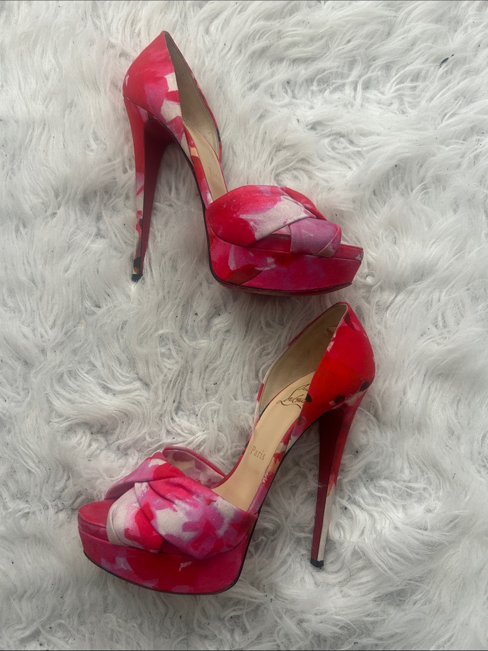 Christian Louboutin red and pink tie-dye patterned heels, size 7.5 open toe sexy